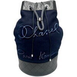 Chanel Embroidered Drawstring Sling Bag Quilted Coco Mark Wool Leather Navy Blue